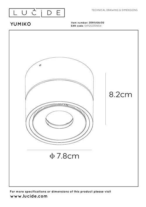 Lucide YUMIKO - Plafondspot - Ø 7,8 cm - LED Dimb. - 1x10W 2700K - Zwart - technisch